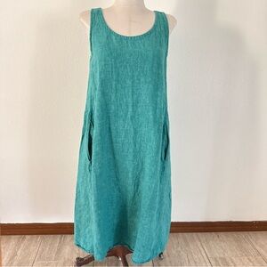 Eileen Fisher Organic Linen Deep Aqua Tank Midi Dress Sz XS minimalist Lagenlook